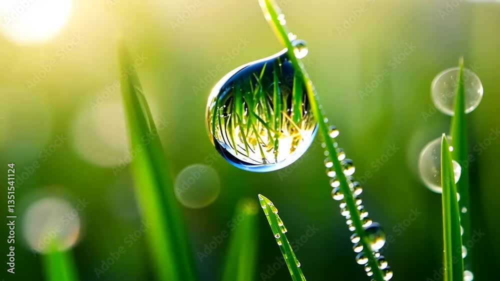 Close-up of a dew drop on grass reflecting sunlight and greenery in a serene morning setting