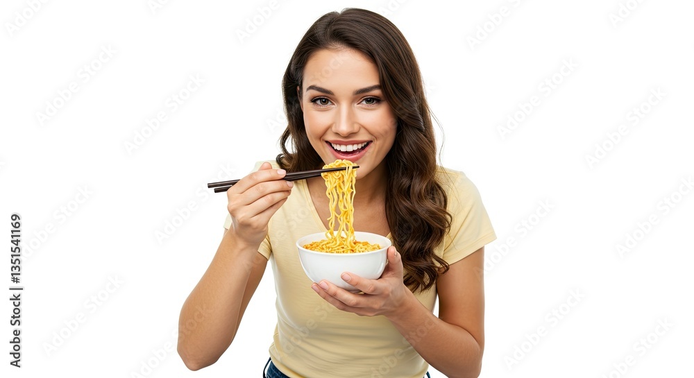 Smiling Woman Eating Delicious Noodles with Chopsticks in Studio Shot Smiling Woman Eating Delicious Noodles with Chopsticks in Studio Shot