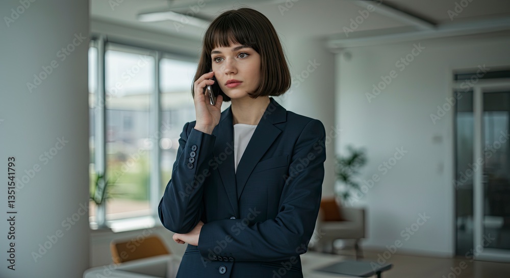 Businesswoman Talking on the Phone in Modern Office Space During the Day Businesswoman Talking on the Phone in Modern Office Space During the Day