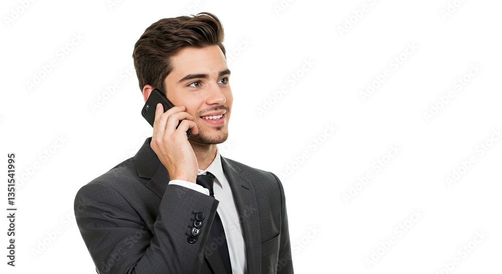 Businessman Talking on Phone Wearing Suit Smiling Looking Upward Blank Background Businessman Talking on Phone Wearing Suit Smiling Looking Upward Blank Background