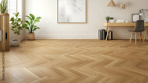 Light wood herringbone flooring in a bright home office