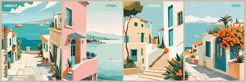 Set of travel destination posters in retro style. Greece, Spain, Italy, Cyprus summer vacation. Vector art illustrations