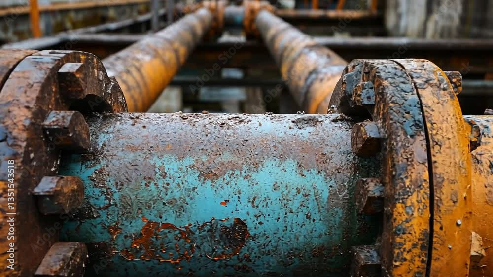 Detailed view of vintage, weathered pipelines with corroded connections and aged metal