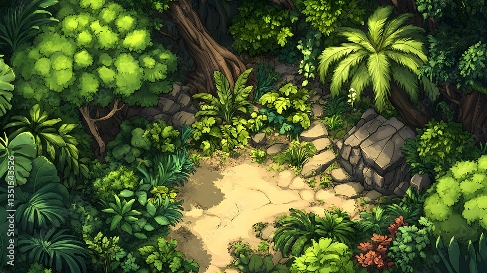Obraz premium Lush Jungle Path, Overhead View, Game Background