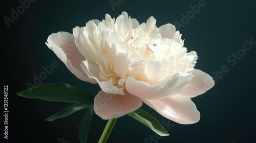 The peony displays elegant, light pink petals that gently unfurl, contrasting beautifully with a dark backdrop, highlighting its natural elegance