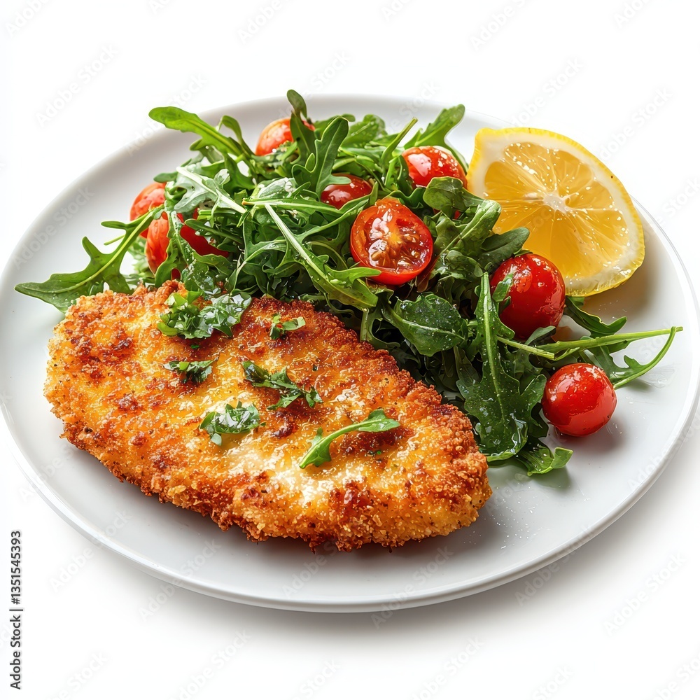 Crispy breaded fish fillet is elegantly plated alongside a vibrant arugula salad topped with juicy cherry tomatoes and a lemon wedge for zest. This meal is both appealing and nutritious Crispy breaded fish fillet is elegantly plated alongside a vibrant arugula salad topped with juicy cherry tomatoes and a lemon wedge for zest. This meal is both appealing and nutritious