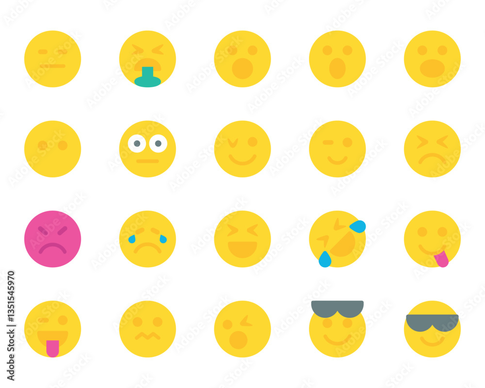 Fototapeta premium Flat color icons set for Emojis, smiley, emotion.