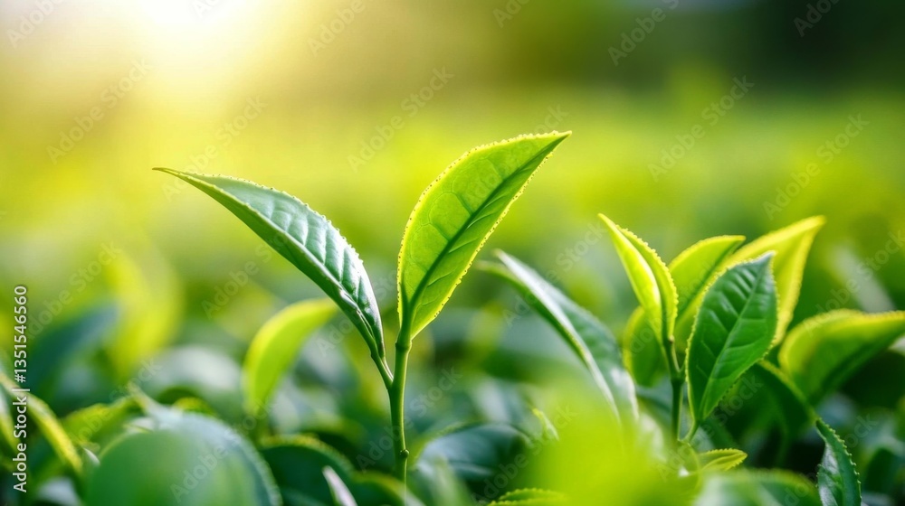Obraz premium Sunlight on Vibrant Green Tea Leaves Close-up Macro Photography, Tea Plantation, Nature, Botany, Tea leaves, green tea