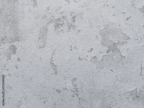 White Concrete Wall Texture. Rough Painted Textured Surface. White and Light Gray Concrete Backgroud. Close up. Wall with Visible Irregular Brush Marks, Stains and Cracks.