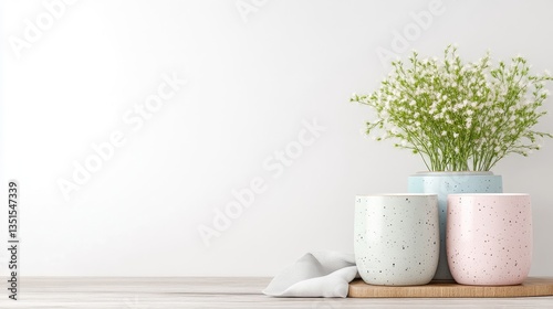 Simple, pastel-toned ceramic cups and vase,  light-colored background