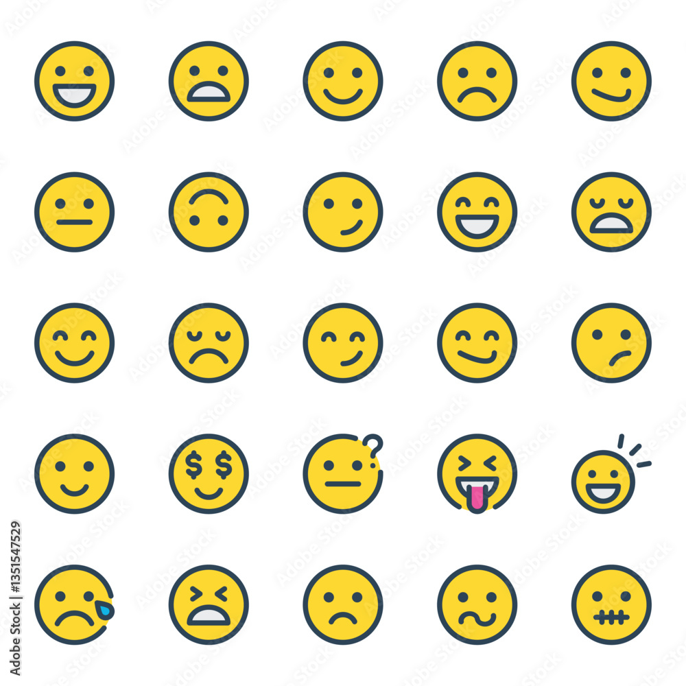 Fototapeta premium Filled outline icons set for Emojis, smiley, emotion.