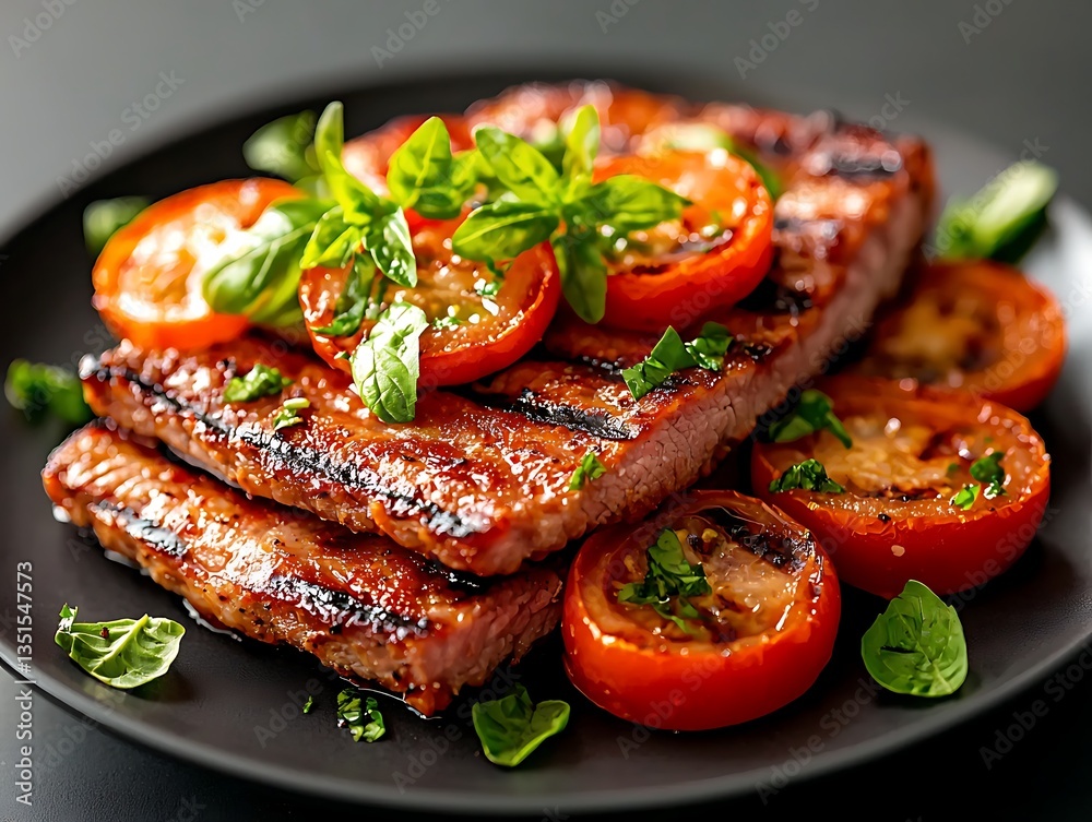 Grilled Steak with Tomatoes, and Basil. Grilled Steak with Tomatoes, and Basil.