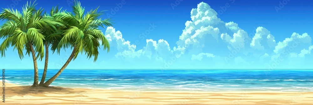 Obraz premium A tranquil beach features lush palm trees swaying gently beside the clear blue ocean. Fluffy clouds float above in a sunny sky, creating a perfect summer atmosphere
