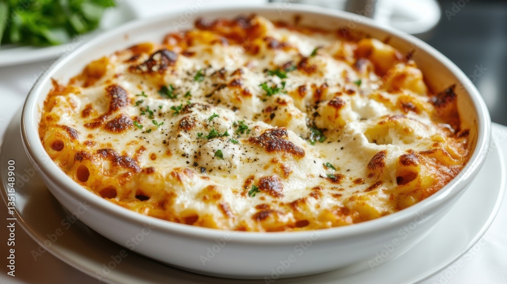 Delicious baked macaroni and cheese served in a white bowl with a golden crust Delicious baked macaroni and cheese served in a white bowl with a golden crust