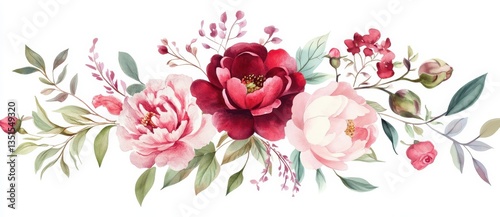 This arrangement showcases various peonies and rose buds intricately interwoven with green leaves and delicate accents, creating a vibrant and harmonious floral display