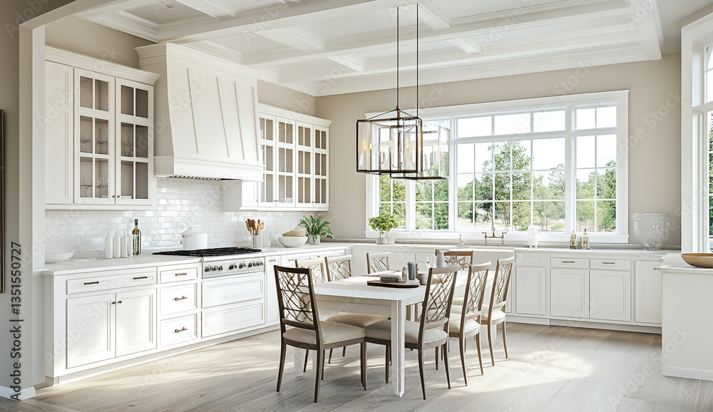 White Kitchen with Dining Table, Chairs, and Large White Cabinets on the Wall White Kitchen with Dining Table, Chairs, and Large White Cabinets on the Wall