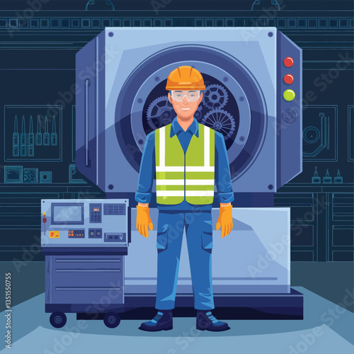 2d vector illustration colorful machine , worker and Industry and its development technology, factories and production lines icon
