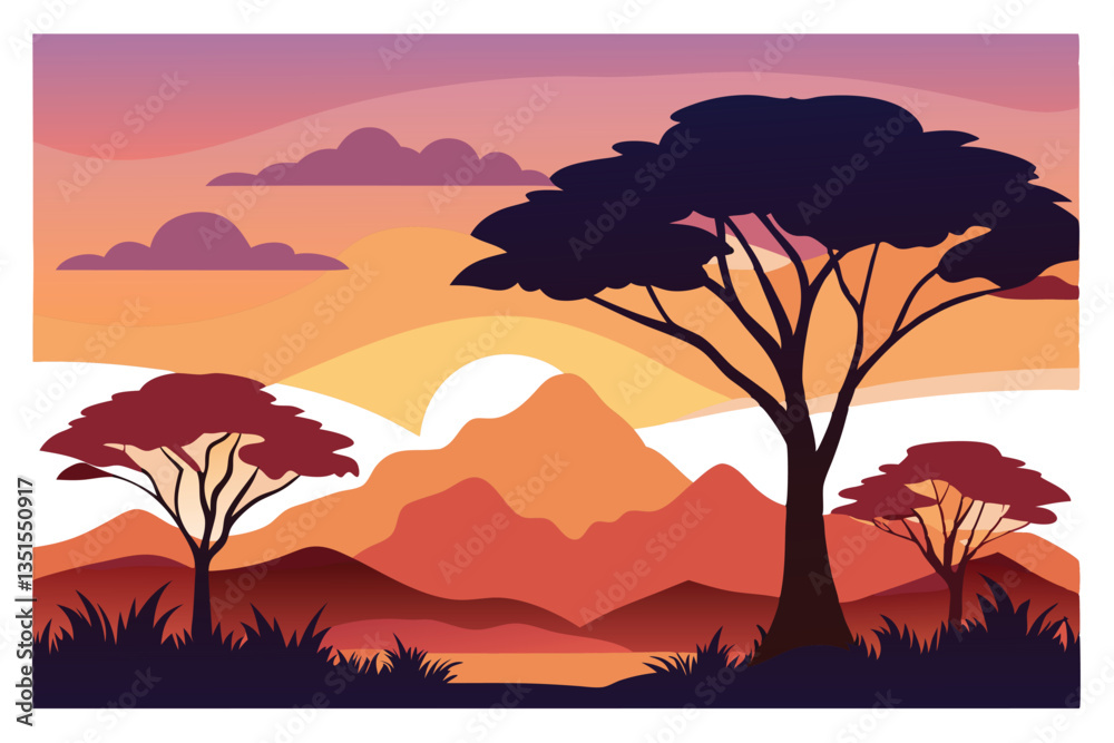 African Landscape Silhouette, Sunset Background, Trees, Mountains, Clouds, Nature African Landscape Silhouette, Sunset Background, Trees, Mountains, Clouds, Nature