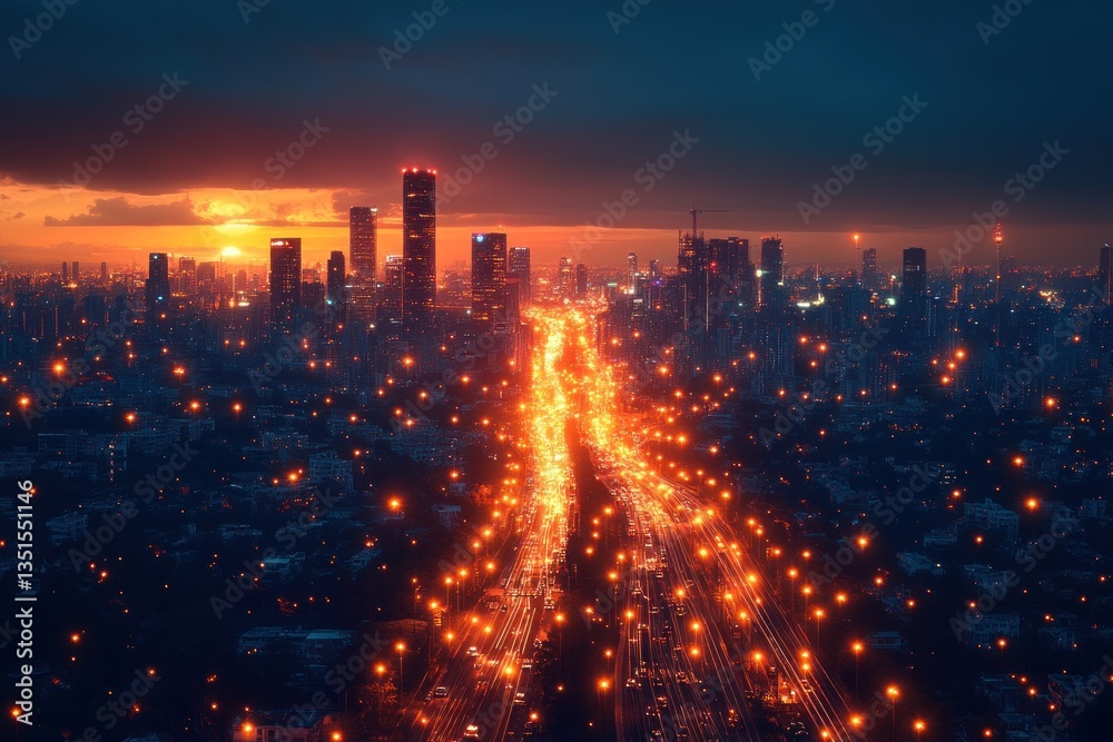 Obraz premium Aerial view of city highway at sunset. Busy cityscape background. Possible use Stock photo