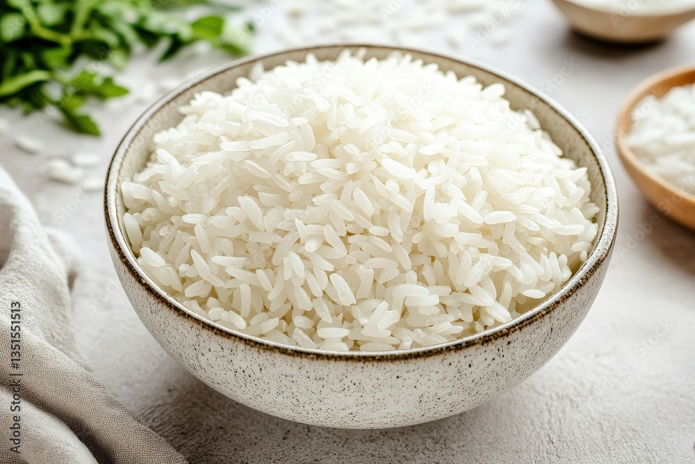 A full bowl of cooked white rice sits prominently in focus A full bowl of cooked white rice sits prominently in focus