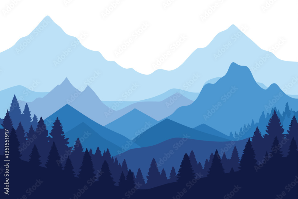 Fototapeta premium Blue Mountain Landscape Silhouette, Forest, Abstract Background, Scenic, Nature, Simple