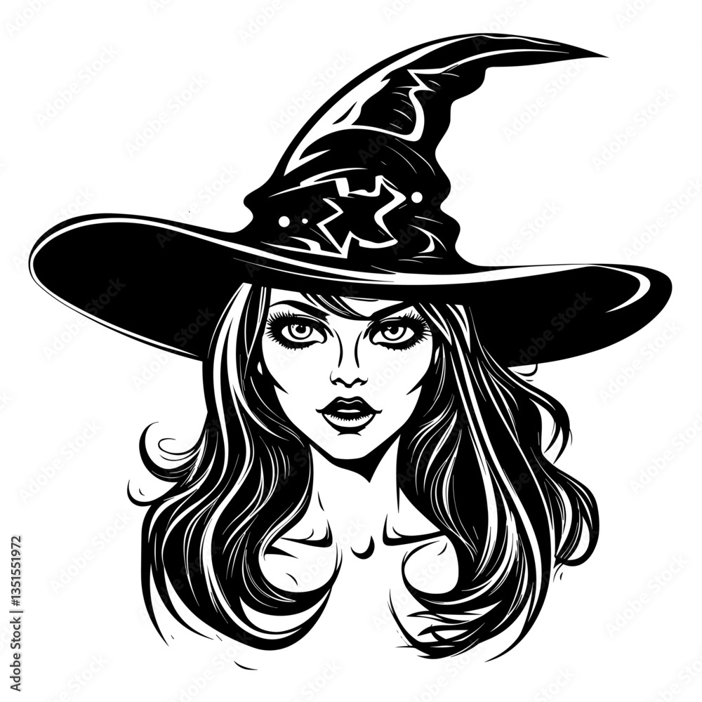 Mysterious black and white portrait illustration of a witch with a hat, perfect for Halloween and fantasy designs. Mysterious black and white portrait illustration of a witch with a hat, perfect for Halloween and fantasy designs.
