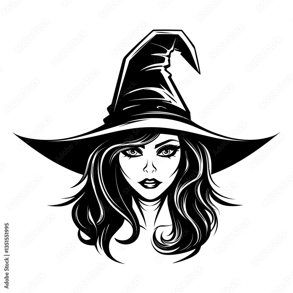 Mysterious black and white portrait illustration of a witch with a hat, perfect for Halloween and fantasy designs. Mysterious black and white portrait illustration of a witch with a hat, perfect for Halloween and fantasy designs.