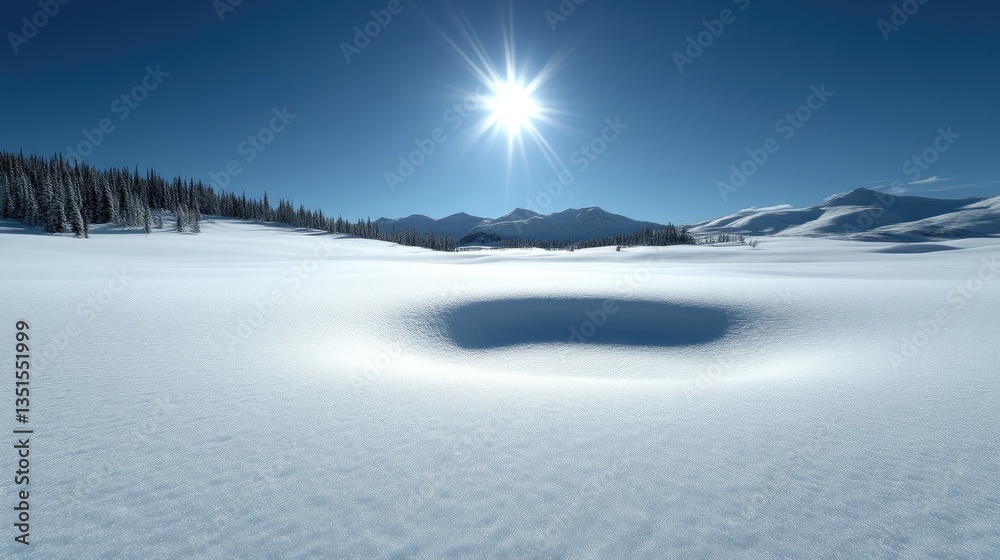 Obraz premium Winter wonderland landscape with snow-covered valley and mountains. A bright sun shines over a pristine, snow-filled valley, with a depression in the snow. Pine trees are visible in the background