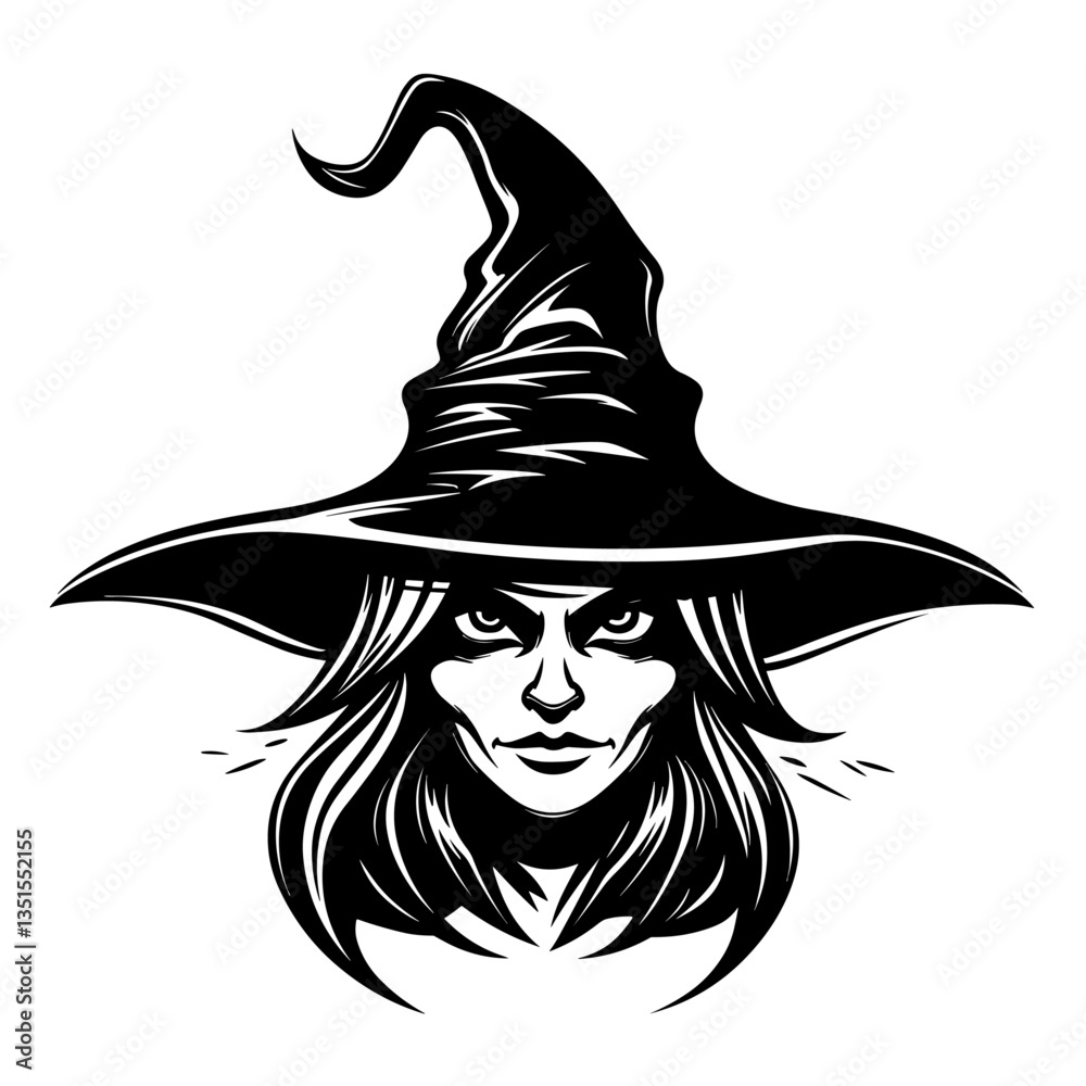 Mysterious black and white portrait illustration of a witch with a hat, perfect for Halloween and fantasy designs.