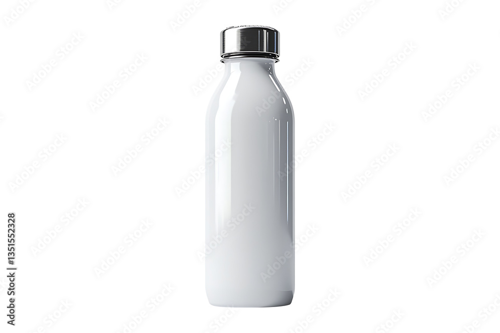 A white water bottle with a silver lid sitting Isolated on White and Transparent Background PNG Image. A white water bottle with a silver lid sitting Isolated on White and Transparent Background PNG Image.