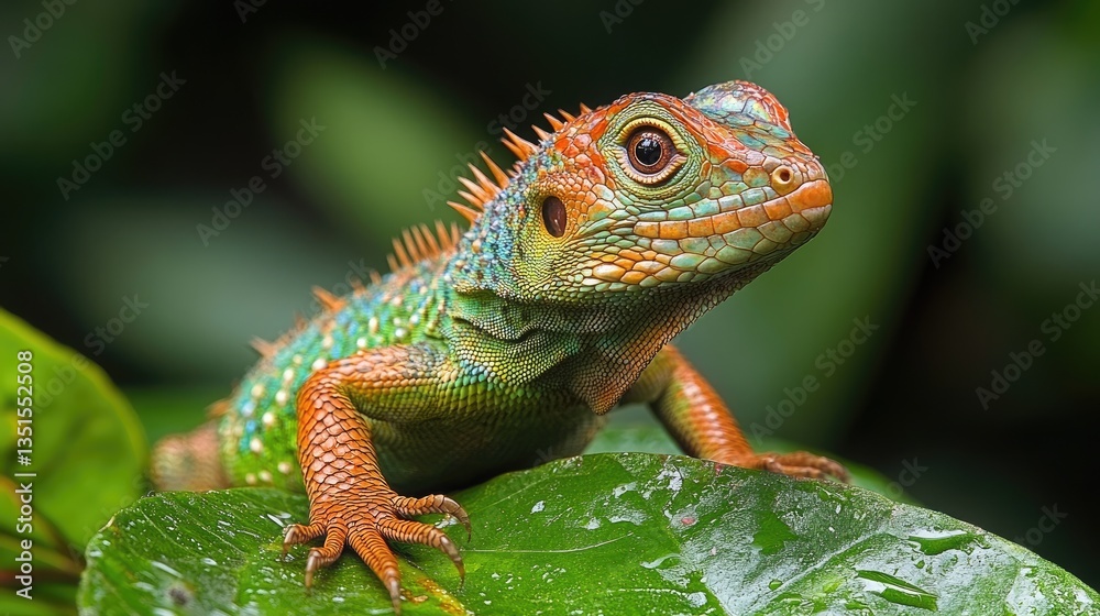 Fototapeta premium Vibrant lizard on leaf, jungle backdrop, nature poster