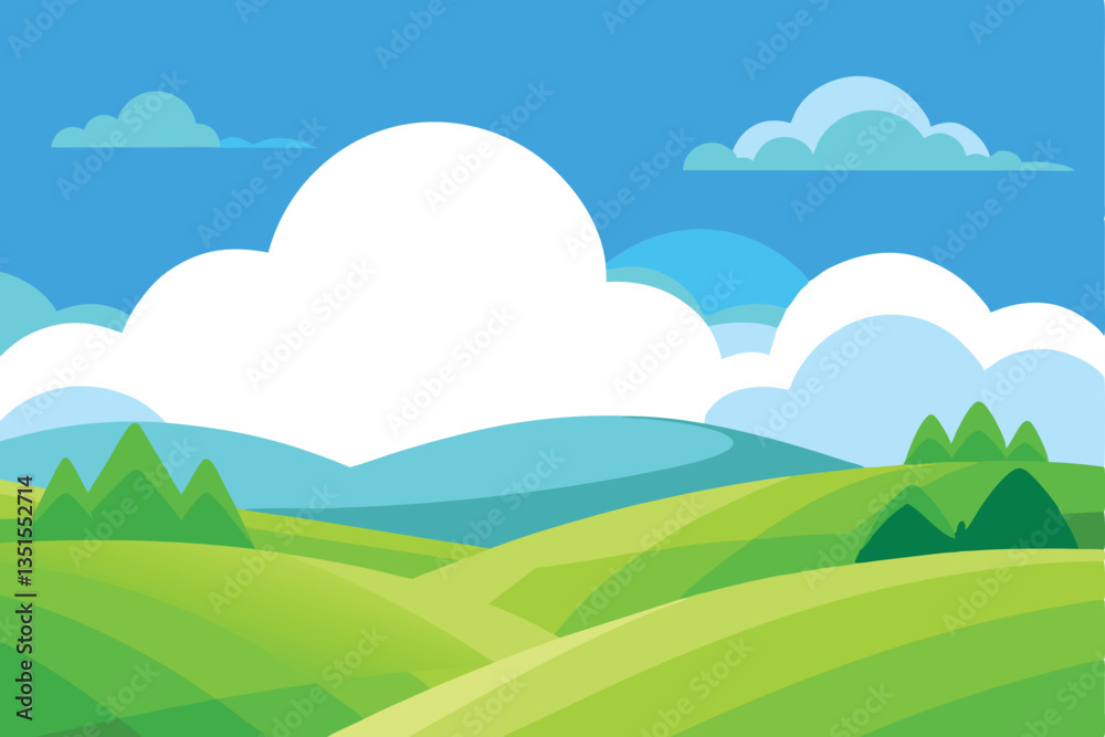 Fototapeta premium Cartoon Landscape Green Fields, Hills, Fluffy White Clouds, Blue Sky, Daylight