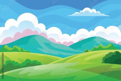 Cartoon Landscape Vector. Vivid Sky, White Clouds, Hills, Green Fields, & Trees