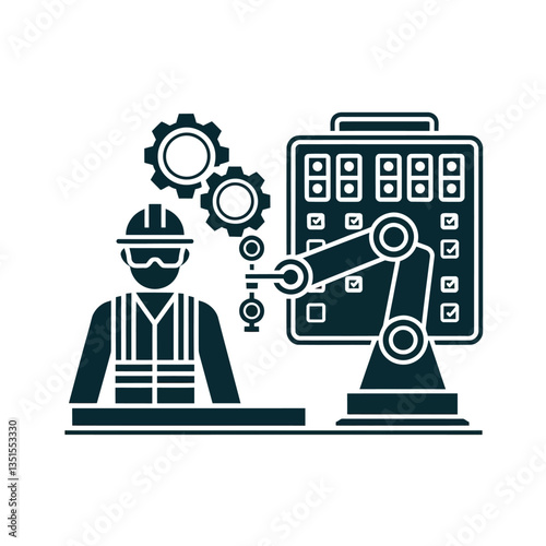 2d vector illustration colorful machine , worker and Industry and its development technology, factories and production lines icon

