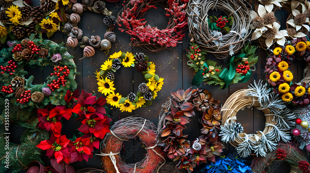 Naklejka premium Diverse Assortment of Festive and Seasonal Handmade Wreath Creations