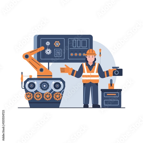 2d vector illustration colorful machine , worker and Industry and its development technology, factories and production lines icon
