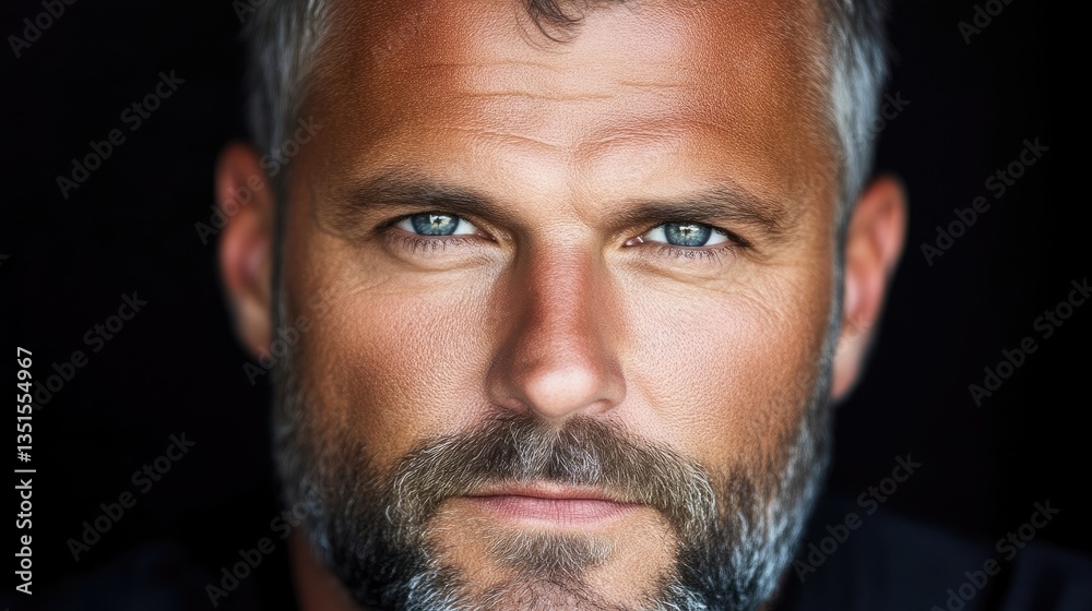 Obraz premium Close-up portrait of a mature man with gray hair and a beard, intense gaze