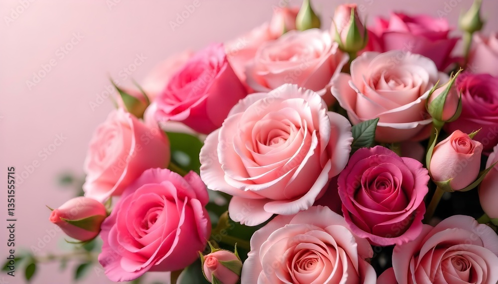 Close-up shot of a lush arrangement of pink roses and buds, creating a soft, romantic atmosphere Close-up shot of a lush arrangement of pink roses and buds, creating a soft, romantic atmosphere