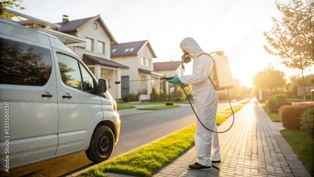 Fototapeta premium exterminator in protective gear spraying pesticide
