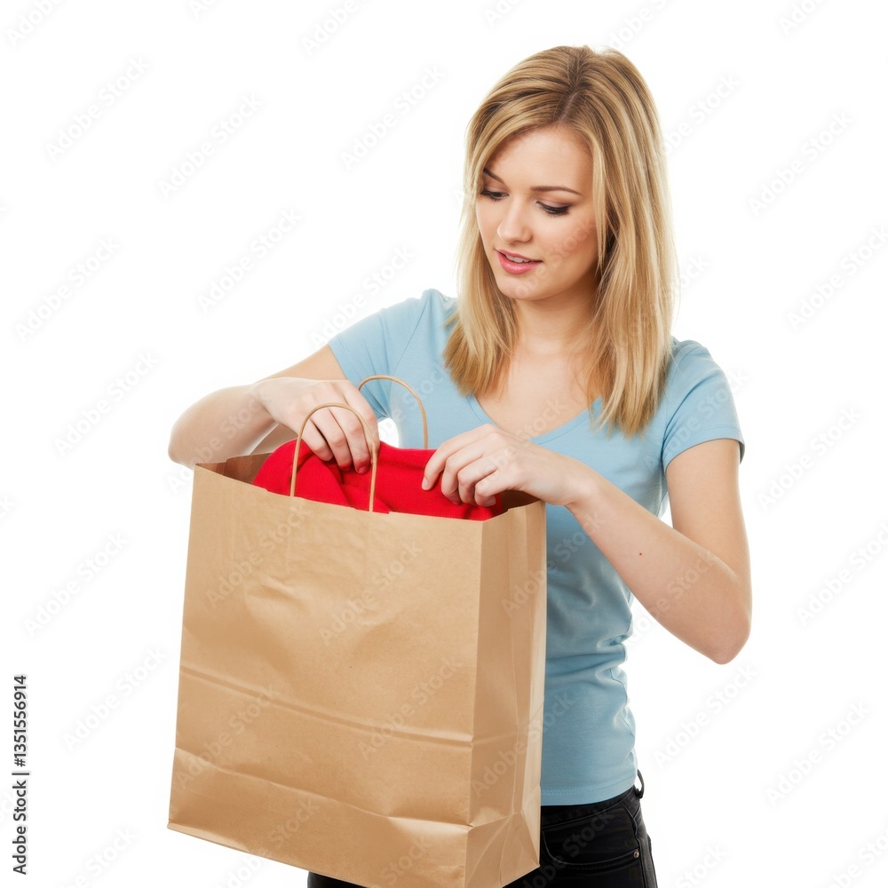 A blonde woman looks into a brown shopping bag, revealing a red garment she just bought. A blonde woman looks into a brown shopping bag, revealing a red garment she just bought.