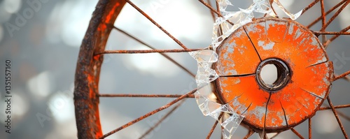 A close-up of a broken, rusting bicycle wheel with a faded orange paint, the spokes reflecting light in intricate patterns photo