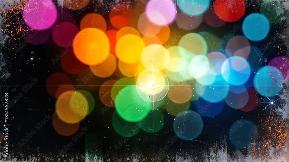 Abstract Bokeh Lights Overlay on Black Background With Colorful Circles and Grunge Border