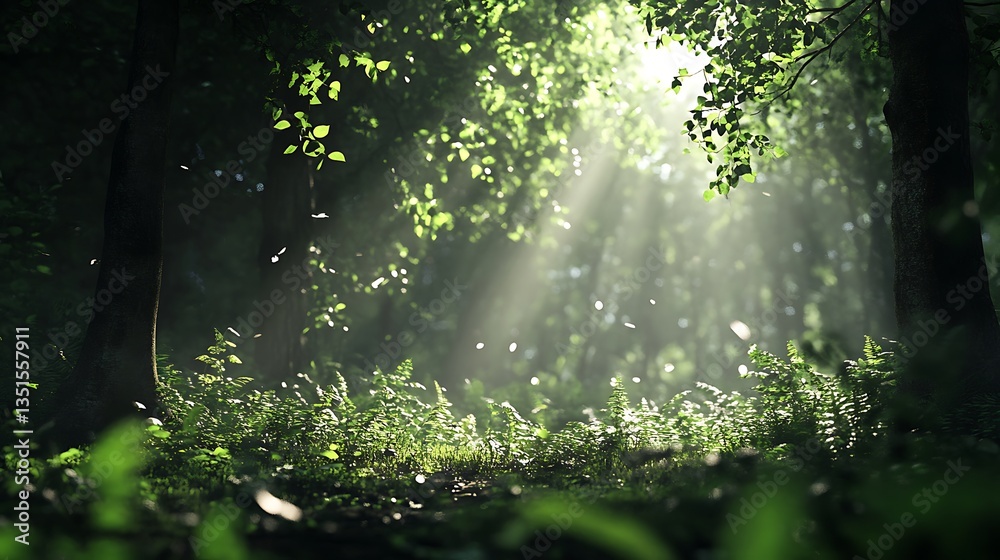 Obraz premium A peaceful forest with golden sunlight streaming through the tall trees, creating a warm and calming atmosphere.
