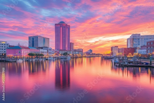 Hampton Virginia Downtown: Sunset View of Waterfront District under Colorful Sky photo