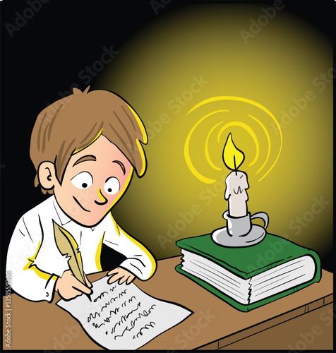 Kid doing homework under candle light