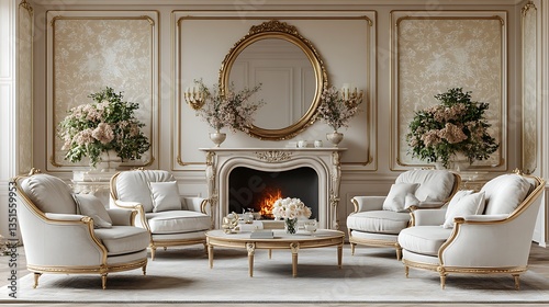 Elegant living room with fireplace, luxury furniture, and decor photo