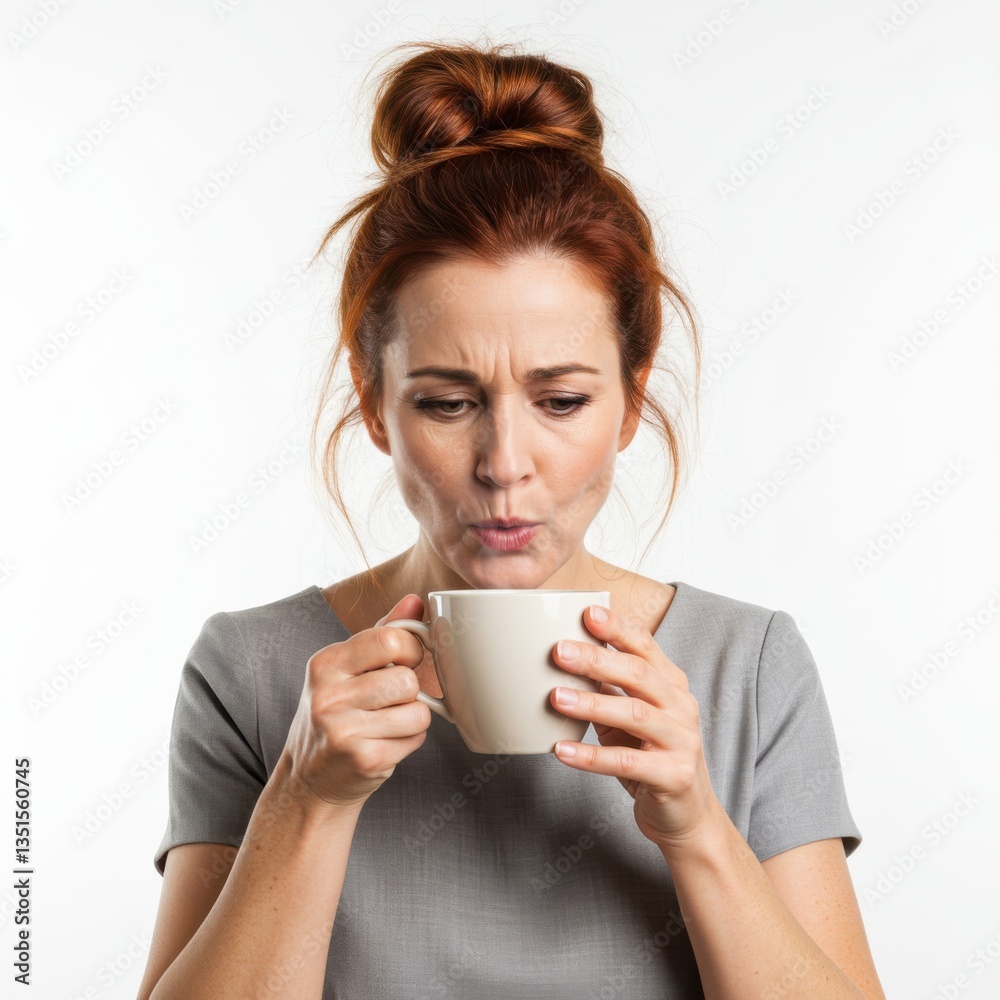 Woman with red hair blows on steaming drink in mug, looks downward with pursed lips. Woman with red hair blows on steaming drink in mug, looks downward with pursed lips.