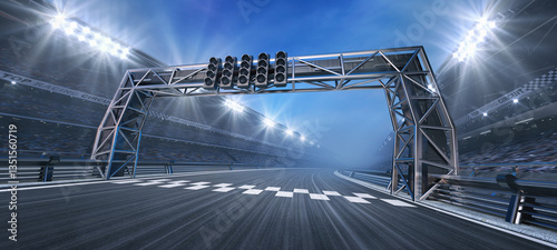 Finish line on a race track with metal gate construction and floodlights illuminating sports racing stadium. Professional 3D illustration for sports advertising. photo