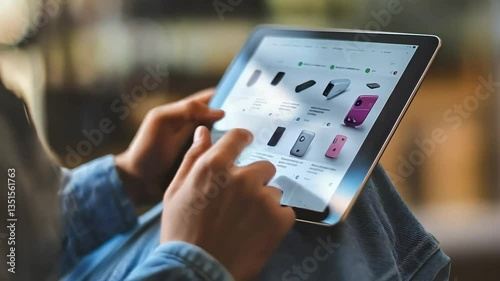 Person browsing an online store on a tablet, close-up of hands and screen