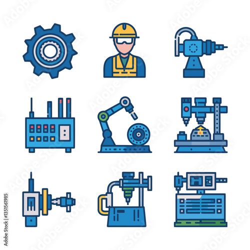 2d vector illustration colorful machine , worker and Industry and its development technology, factories and production lines icon

